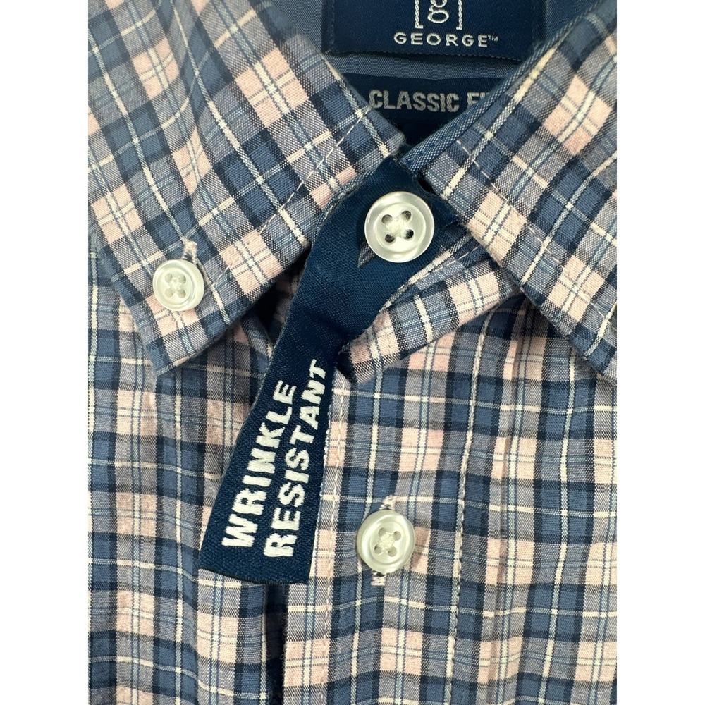 George Mens XL Classic Fit Button-Down Shirt Blue/Pink Plaid Wrinkle Resistant - Picture 2 of 8